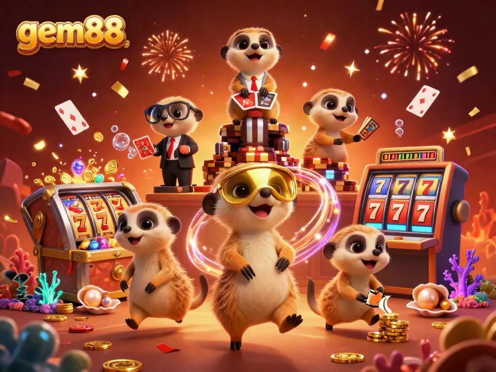 Experience excitement at gem88 with a lively scene of meerkats engaging in casino games, showcasing vibrant slot elements.