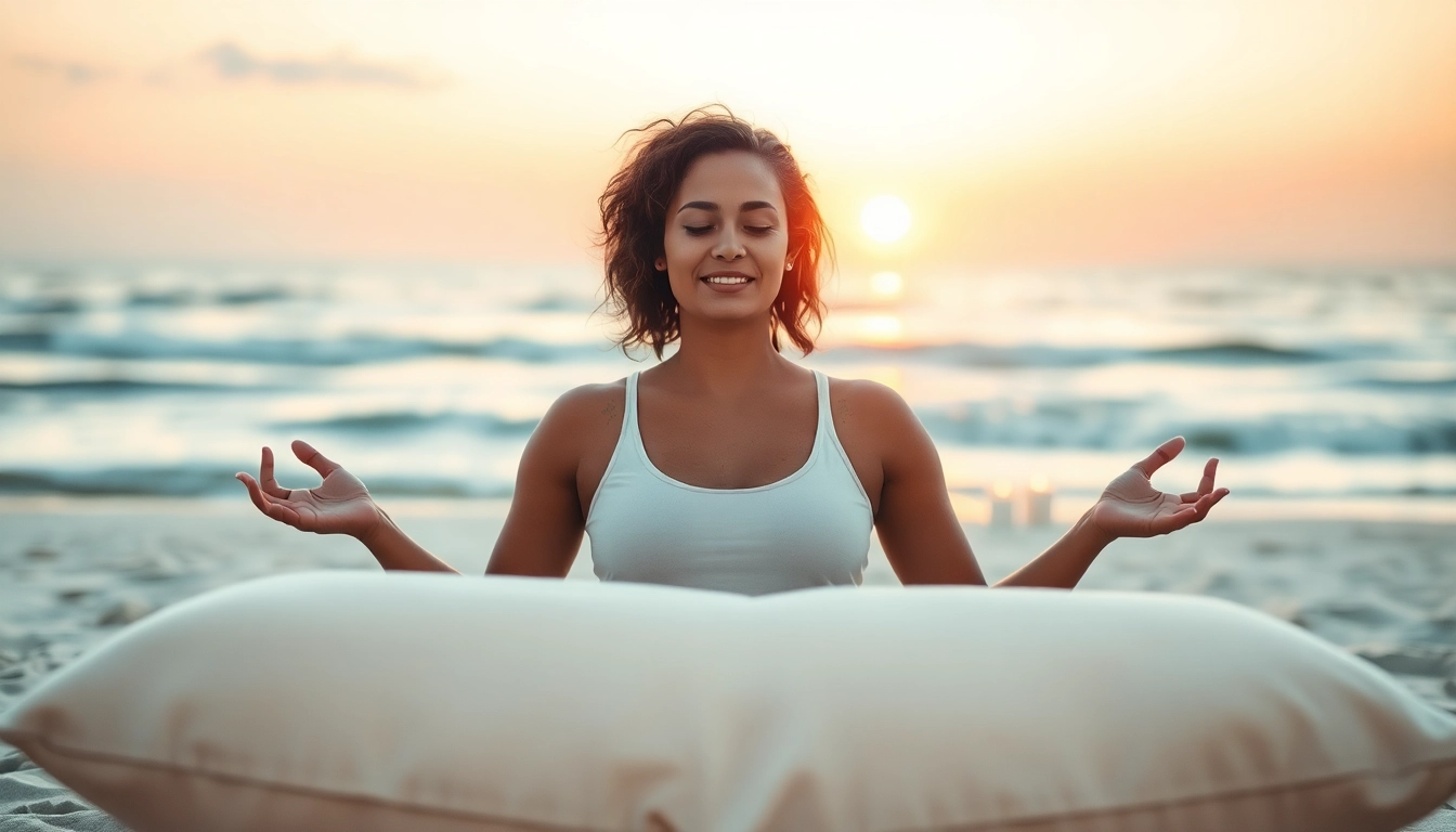 Practicing mindfulness yoga to alleviate stress and anxiety on a calm beach at sunset.