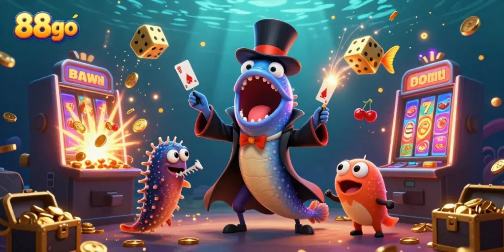 Experience the excitement of 88go with a vibrant, dynamic underwater casino scene featuring unique characters and flying casino elements.