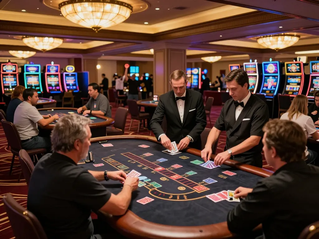 Players enjoying black jack at a luxurious casino while strategically betting with chips in front of them, 5679.