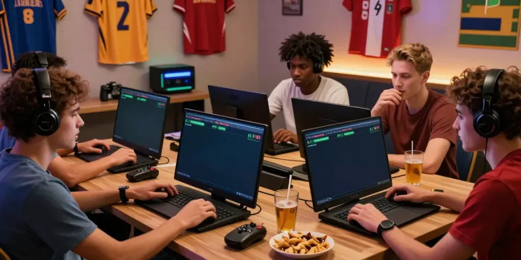 Exciting online betting atmosphere at https://fabet.com.mx/ with friends engaged in a sports event, showcasing modern entertainment.