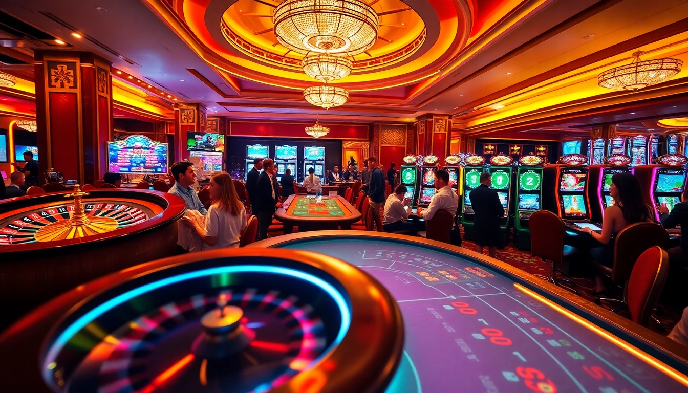 Players enjoying thrilling games at gg88.archi casino, showcasing vibrant slots and poker action.