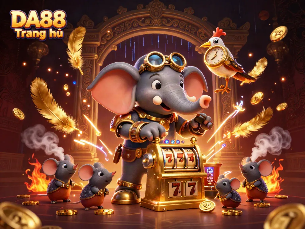 Experience thrilling gaming adventures at DA88 Trang chủ with a steampunk elephant operating a golden slot machine.