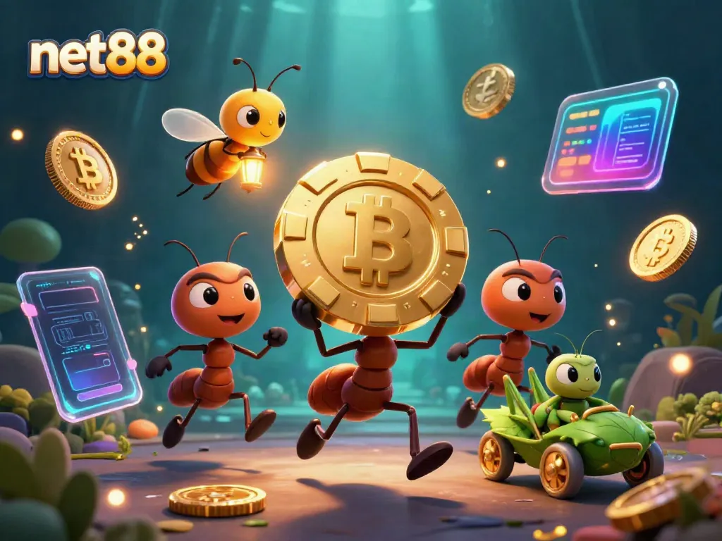 Experience the excitement of net88 with animated ants heisting a giant poker chip in a vibrant casino scene.