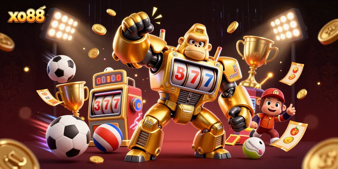 Experience thrilling gameplay at xo88 with our dynamic 3D illustration of a golden gorilla mech!