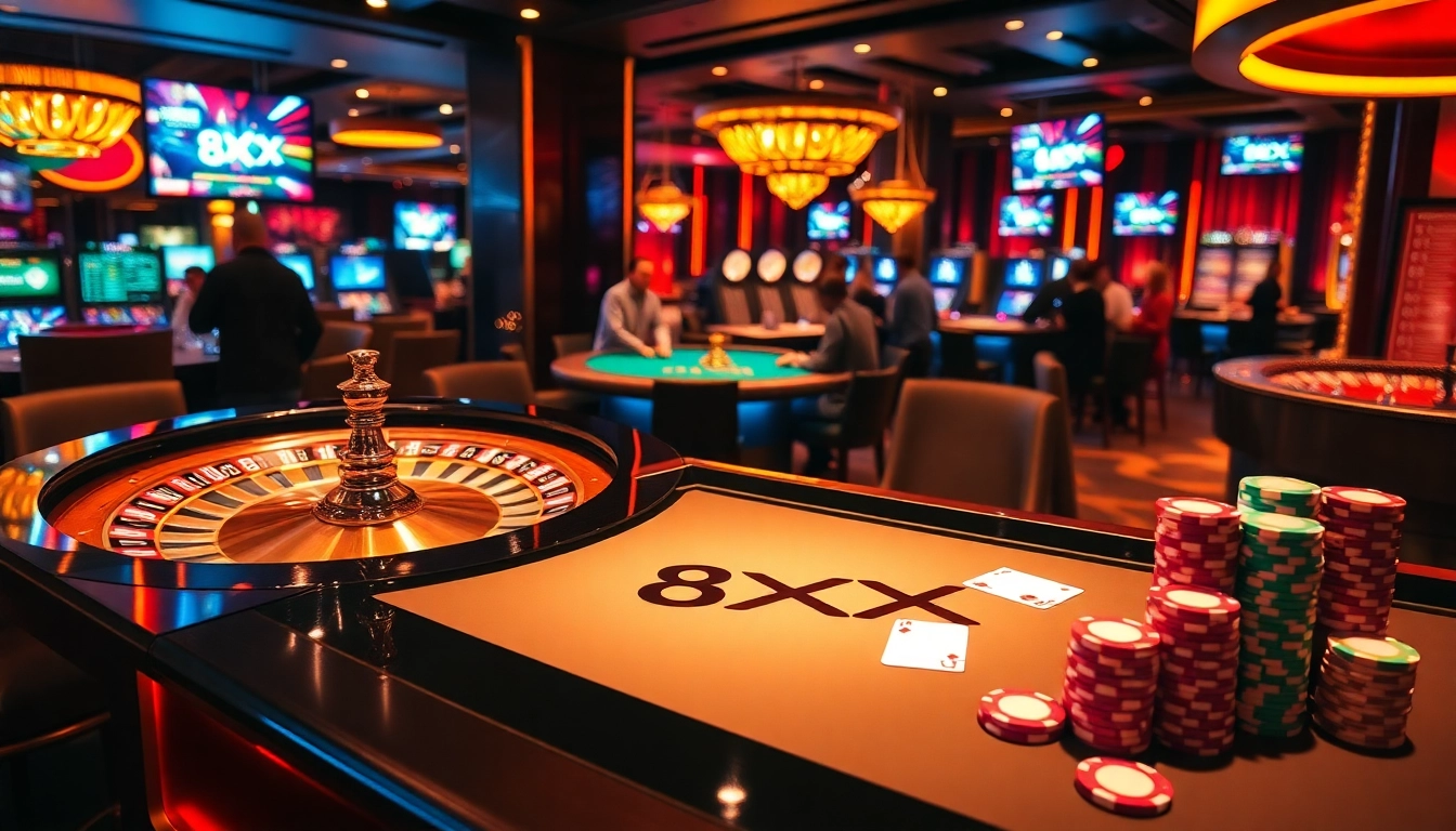Engaging scene of 8XX casino gaming with roulette wheel and poker chips.