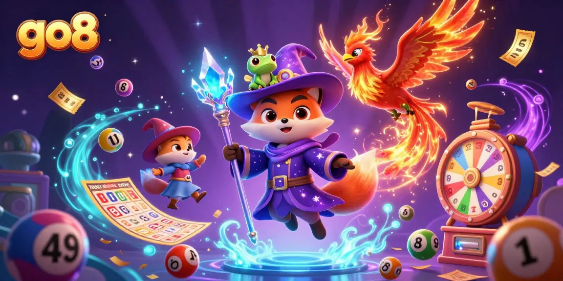 Engage with vibrant lottery action in a rich go8 casino scene packed with 3D elements and characters.