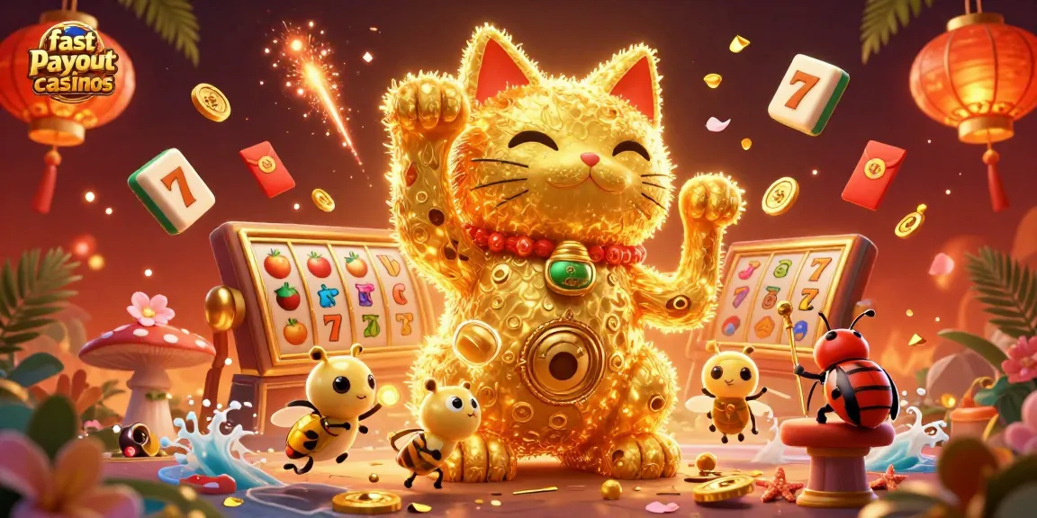 Experience fast payout casinos with vibrant illustrations of a lucky cat and dynamic casino elements.