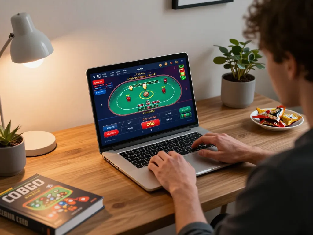 Engaged player using co88 casino website on laptop in stylish home office