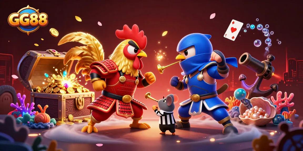 Battle for riches with GG88's roosters in a vibrant, action-packed casino scene.
