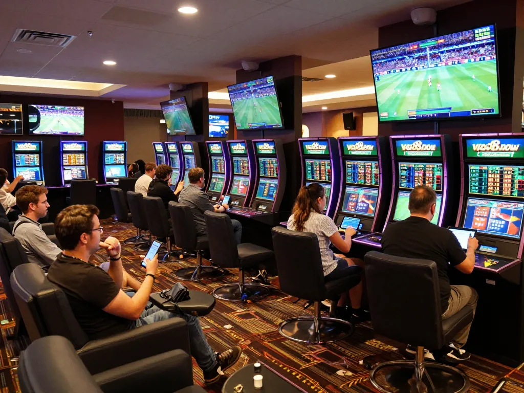 Engaged bettors using tablets and smartphones at the bustling sports betting area showcasing https://va88.now/.