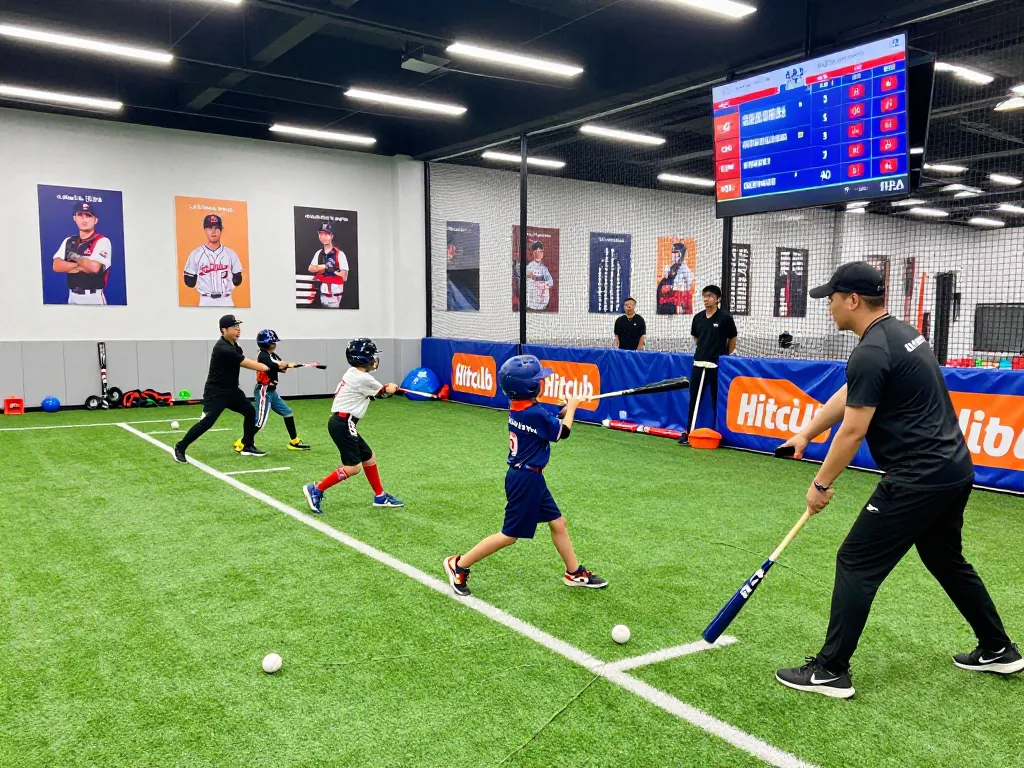 Hitclub training scene with young athletes practicing baseball techniques in a modern indoor facility.