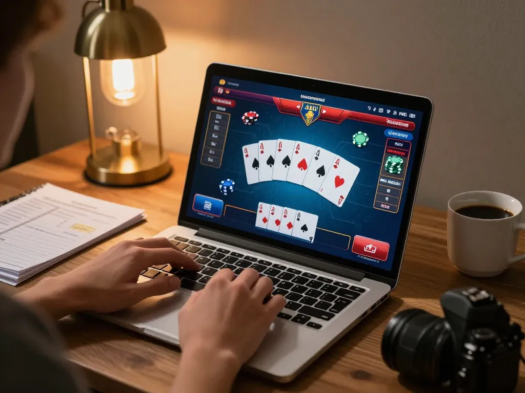 Engaged player on max88 laptop placing strategic bets in a cozy online casino environment