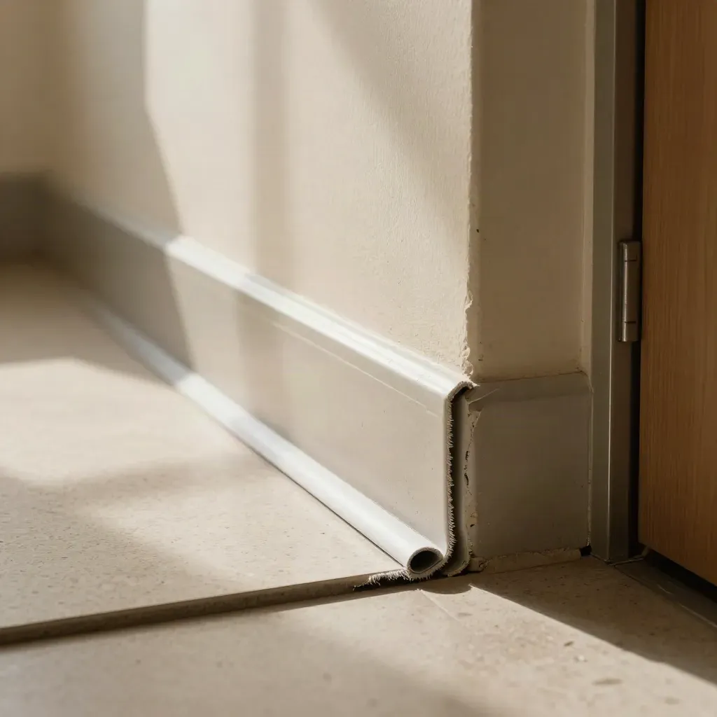 Roh chodby s uvolněným krytem kabelu, seškrábanou lištou a ošlapanou předložkou.