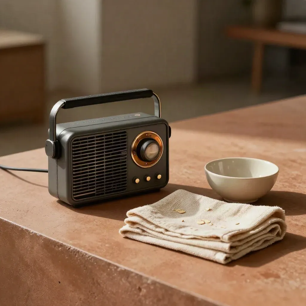 Rádio, kabelová lišta, složená látka a keramická miska na světlém betonovém stole.