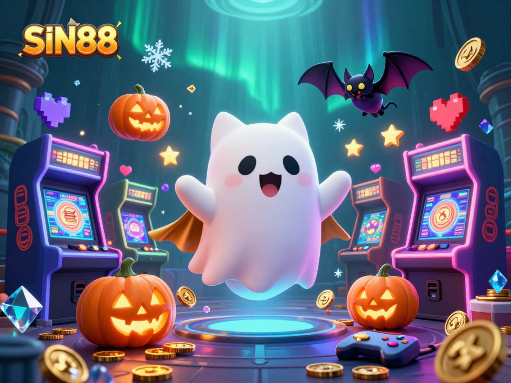 SIN88 magical casino scene with ghost cat, vampire bat, and glowing jack-o-lanterns