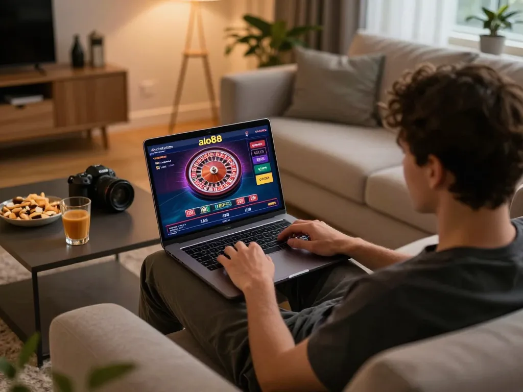 Gambling session at home featuring alo88 roulette game on laptop, creating a cozy gaming experience.
