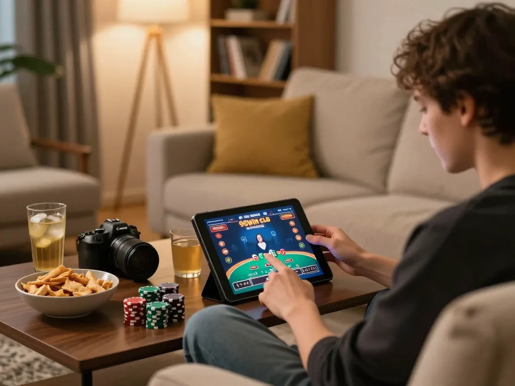 Engaging with the 98win club online casino on a tablet, enhancing gaming experience at home.