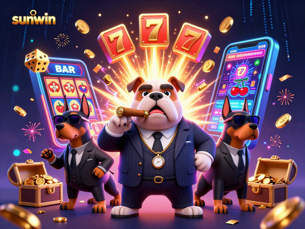 Engage in exhilarating gameplay with Sunwin, featuring vibrant slot machine action and animated characters.