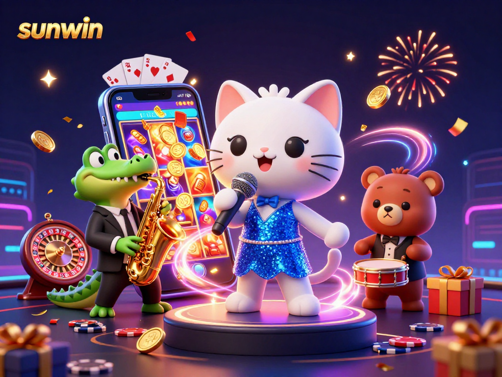 Experience thrilling moments at sunwin with a lively jazz-themed casino illustration featuring engaging characters.