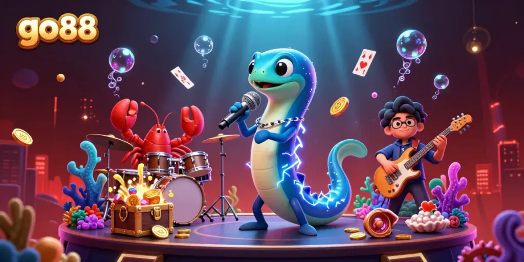 Experience the dynamic underwater scene of go88 with an electric eel DJ and vibrant sea creatures in a casino-themed illustration.
