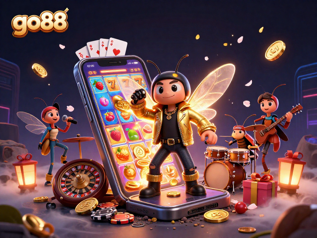 Capture the excitement of go88 with a rock star cicada and vibrant casino elements in a dynamic scene.