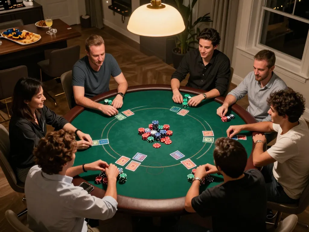 Engaging poker game night with friends at home, featuring intense gameplay at https://vk88.vc/ with chips and community cards visible.
