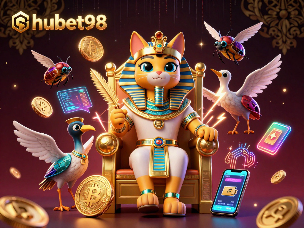 Engage in dynamic casino fun with hubet98, featuring pharaoh cat and crypto elements.