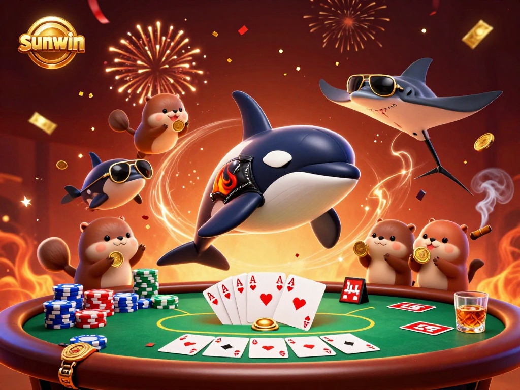 Experience thrills at sunwin as a dynamic orca, stingray, and otters play winning hands with poker chips.