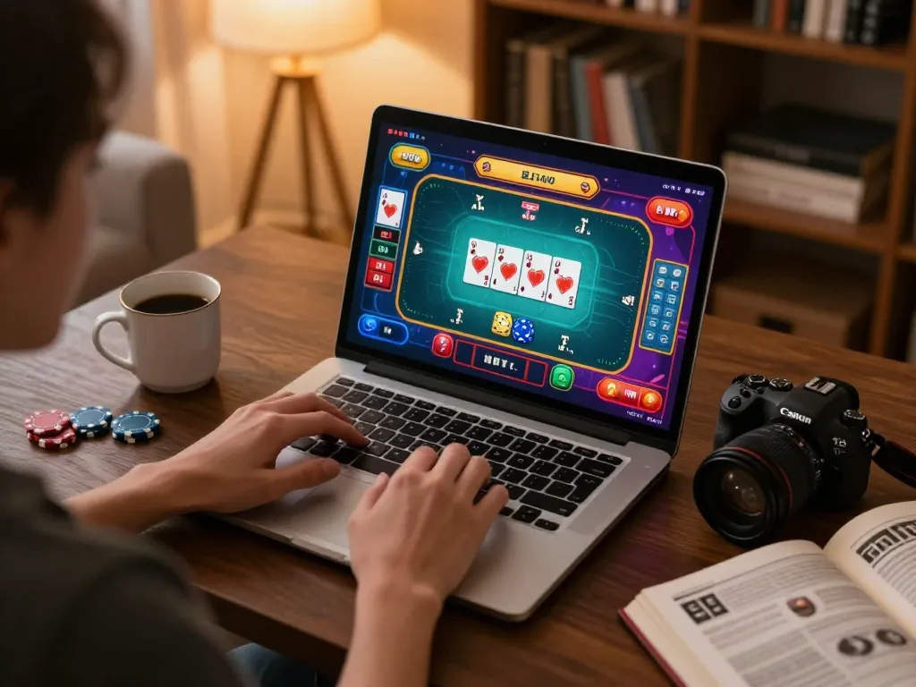 Person playing poker online at home; rr88com interface displayed with colorful poker gameplay.