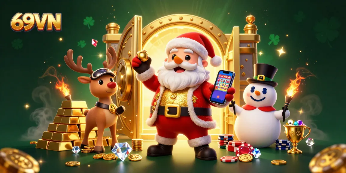 Experience excitement and jackpots with 69VN in this vibrant casino illustration featuring Santa and friends.