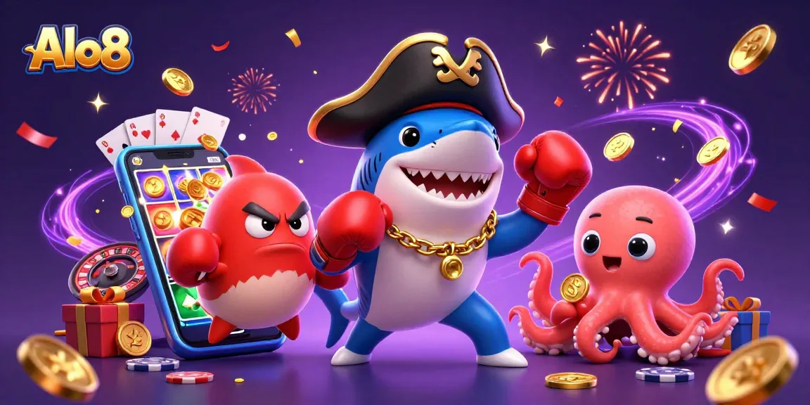 Alo8 pirate shark and friends celebrate winning with slot games and shiny coins in a vibrant casino scene.