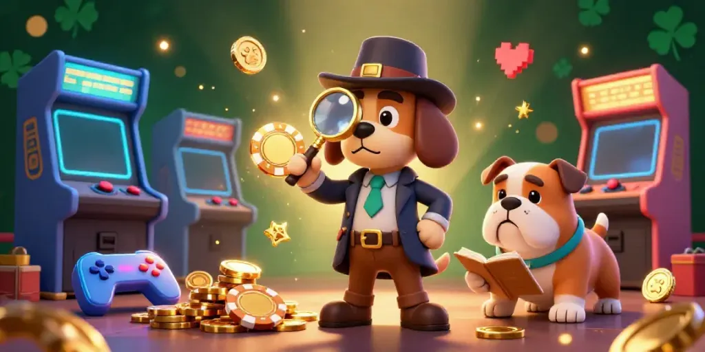 Engage in LOTO188 Tai Xiu with a detective and bulldog uncovering treasure clues among casino elements.
