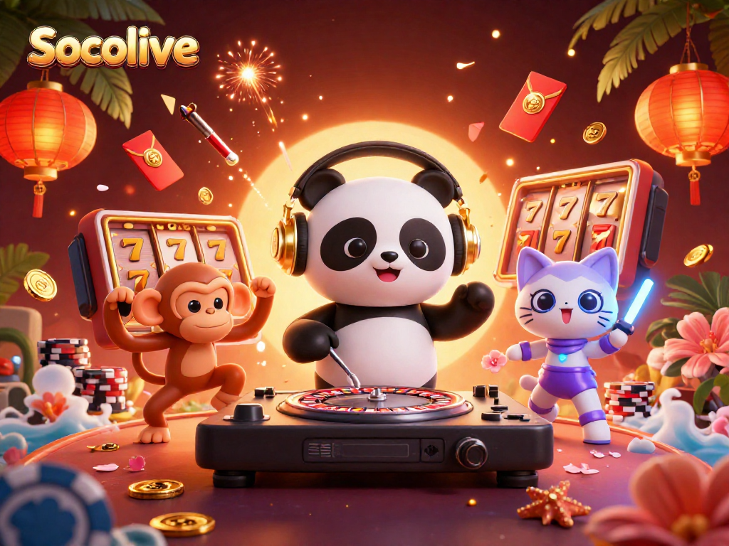 Socolive casino scene featuring a DJ panda, breakdancing monkey, and glowing kitten amidst vibrant slot reels and festive decorations.