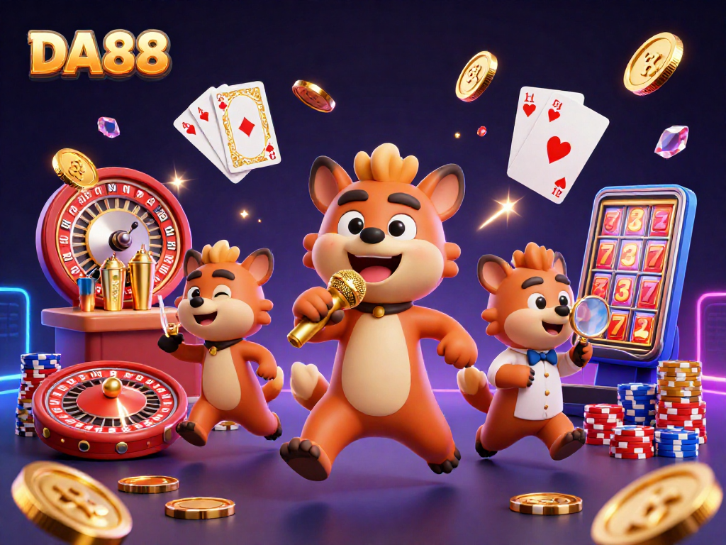 Visit DA88 for an exciting gambling experience featuring a vibrant 3D casino scene.