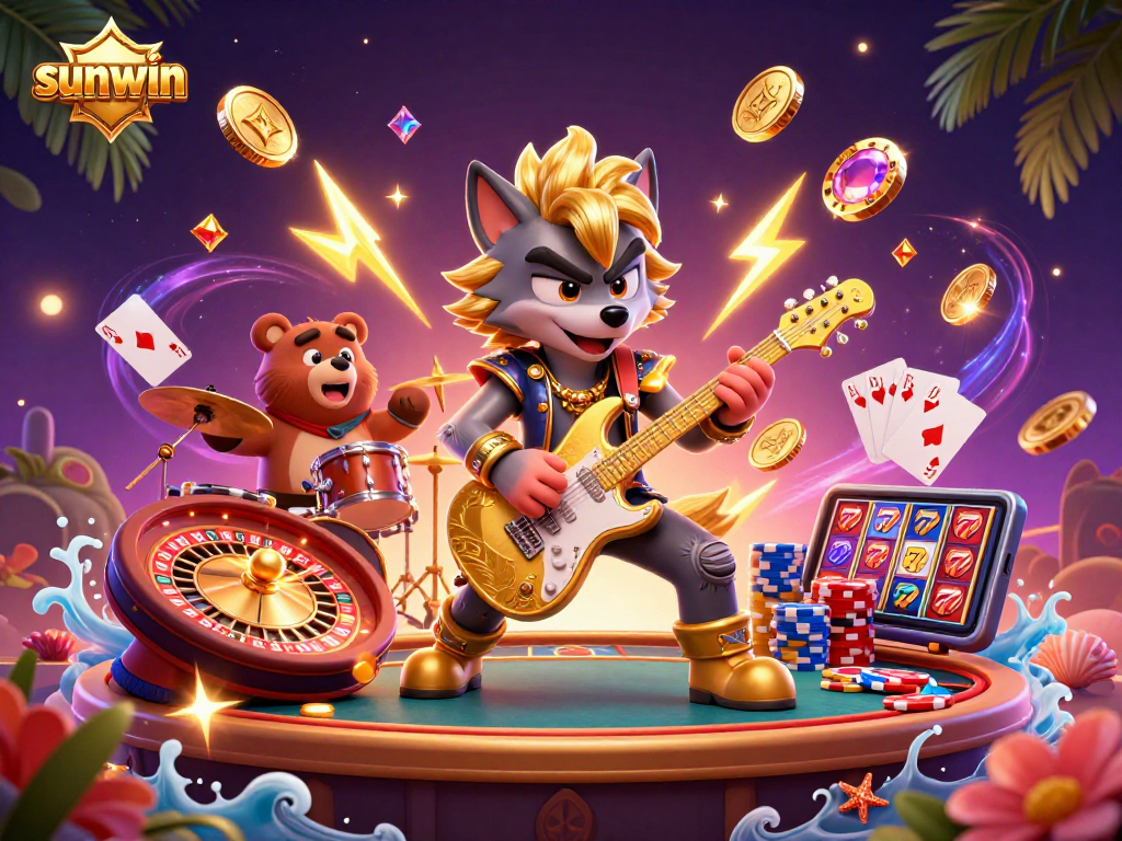 Experience the excitement of sunwin with a vibrant casino scene featuring a rock star wolf and drummer bear.