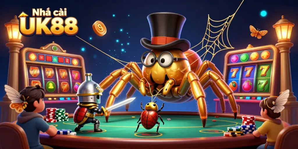 Engage with Nhà cái UK88 as a giant golden tarantula spins a golden web in an animated casino setting.