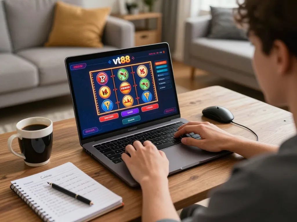 Player enjoys vt88 online gaming with laptop in cozy home setup, showcasing strategy notes.