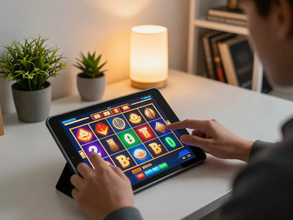 cm88casino player engaging with captivating online slots on a tablet, showcasing an inviting gaming environment.