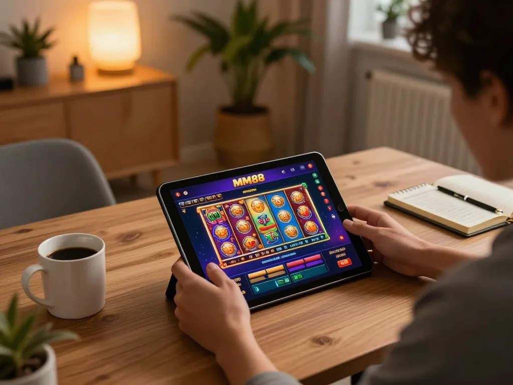 Player engaging with MM88 online casino on tablet in a cozy home environment