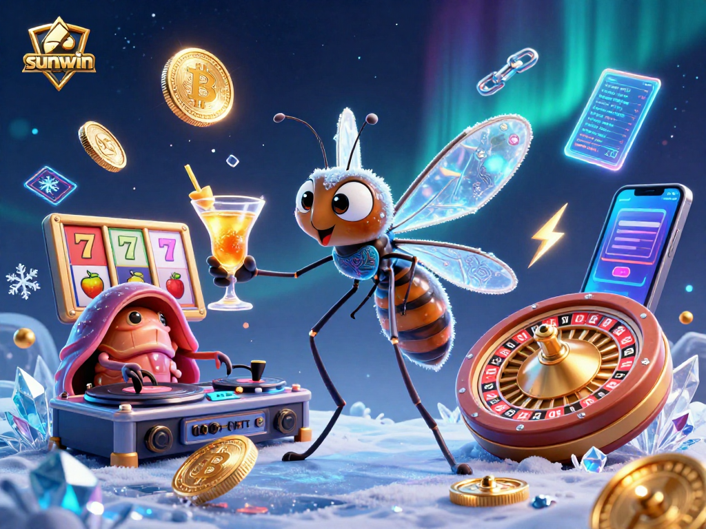 Enjoy vibrant gaming with sunwin as a frozen-in-amber mosquito casino mascot in a lively scene.