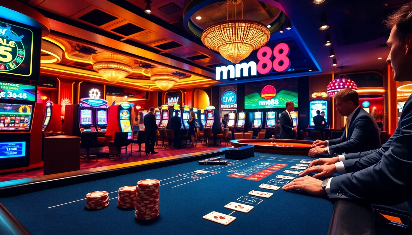 Players engaging in high-stakes poker at a luxurious casino featuring mm88 đăng nhập banner.