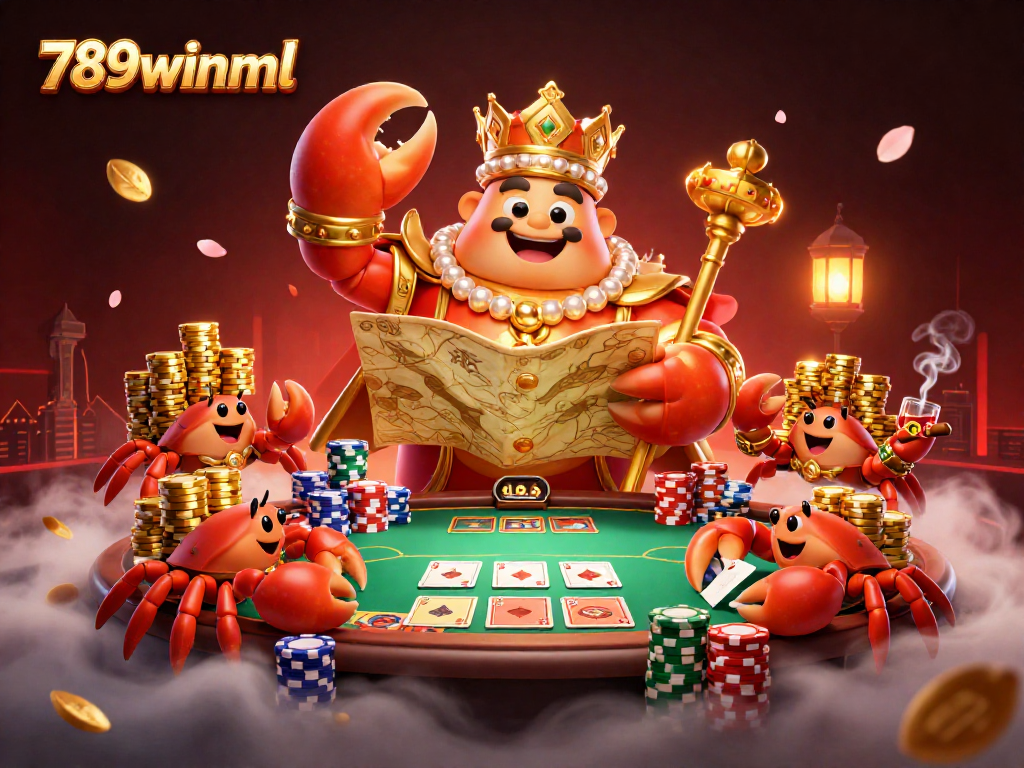 Engage with 789winml's thrilling casino atmosphere, featuring a golden crab emperor amidst vibrant poker elements.