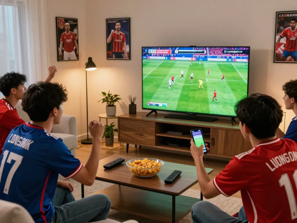 Fans enjoying a live football game from luongsontv in a modern living room atmosphere.