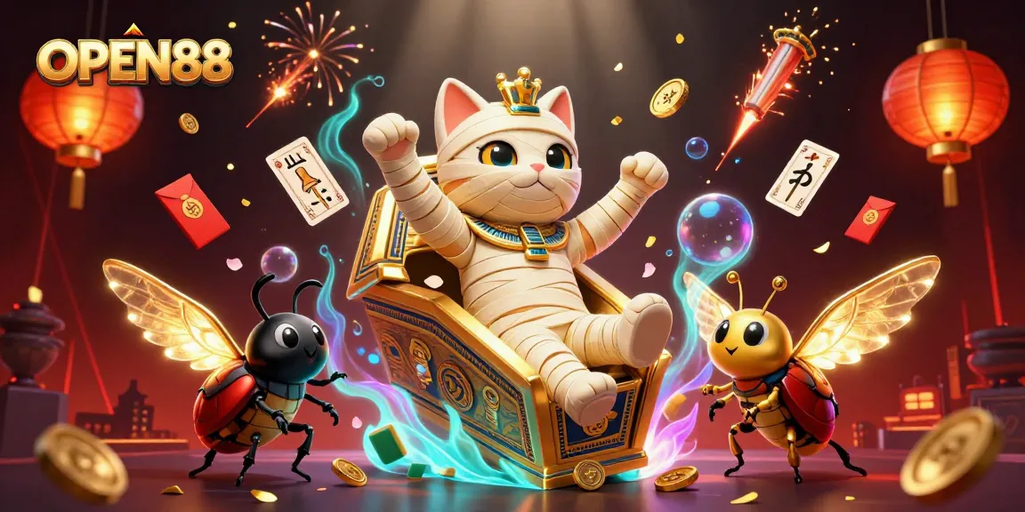 Experience the excitement at OPEN88 with the Egyptian mummy cat and glowing beetle in a vibrant casino scene.