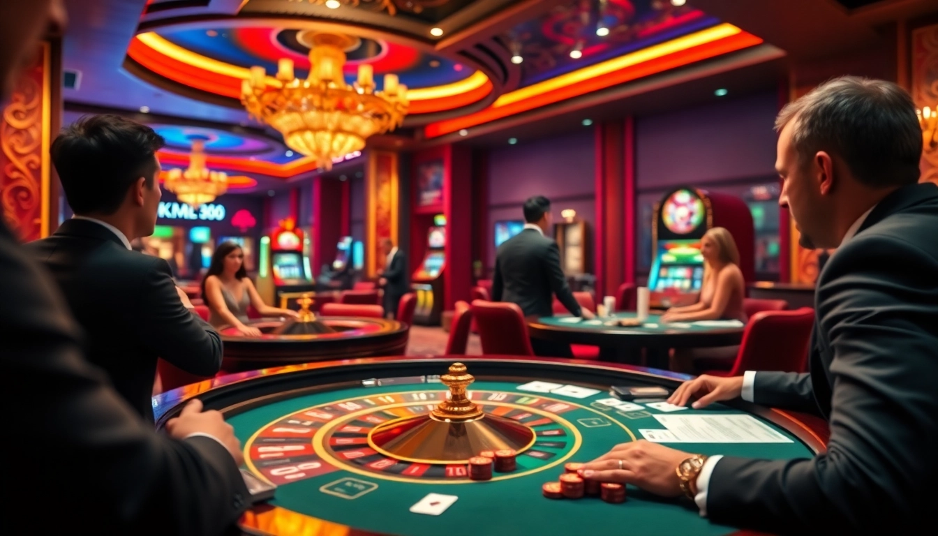 Experience the excitement of km88 gaming with players at a luxurious casino table enjoying vibrant action.