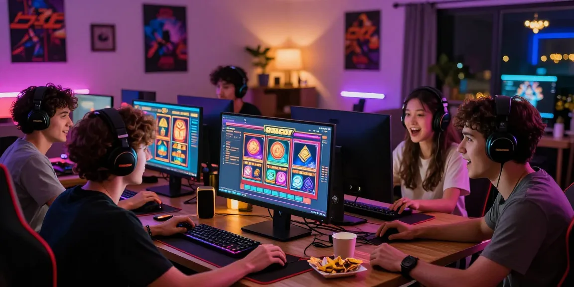Excited friends experiencing slot gacor game in a vibrant online casino setting.