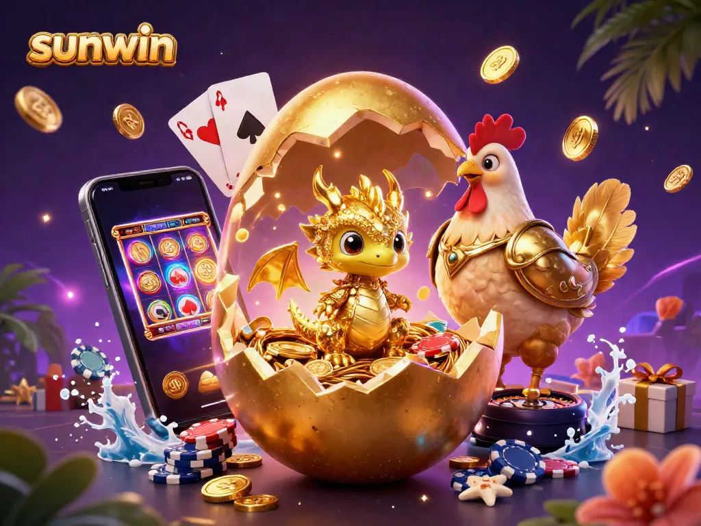 Experience thrilling gameplay with sunwin's golden egg and poker-themed illustration, showcasing excitement and rewards.