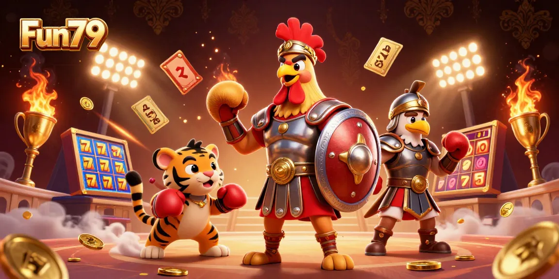 Engage with Fun79 in a dynamic casino scene showcasing vibrant game elements and thrilling characters.