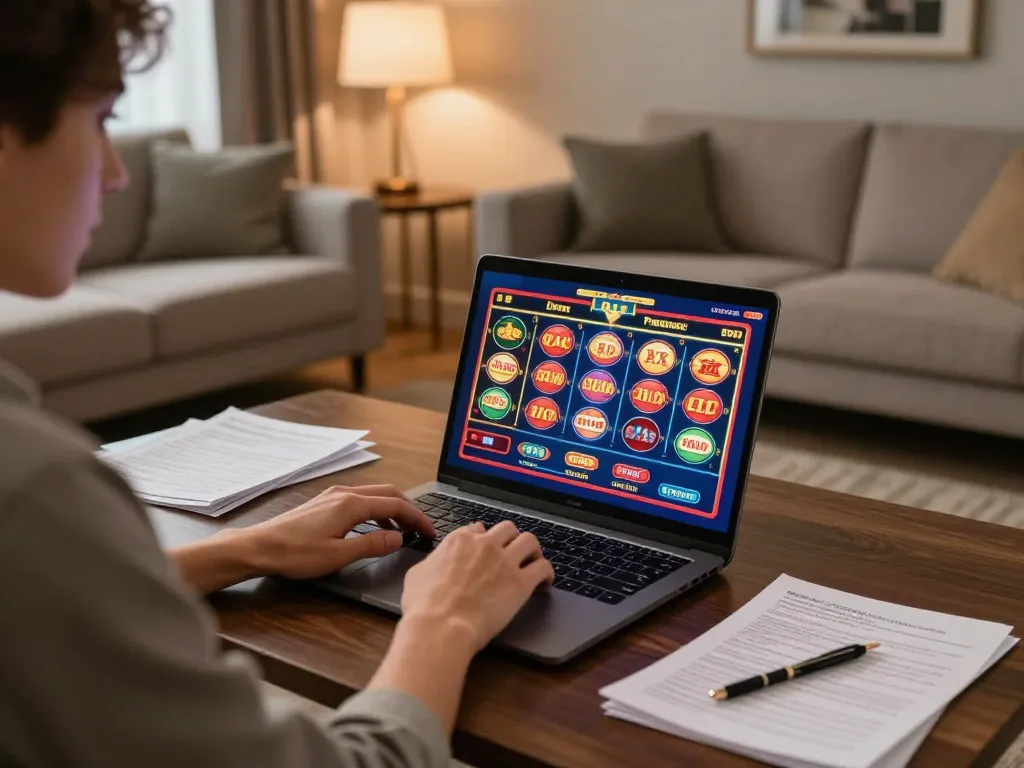 Player engaging in online gambling at lu88.jpn.com with vibrant game displays and cozy atmosphere